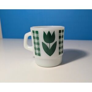 Vintage Termocrisa Milk Glass Mug Green Tulip and Gingham Check 3"x3.5"